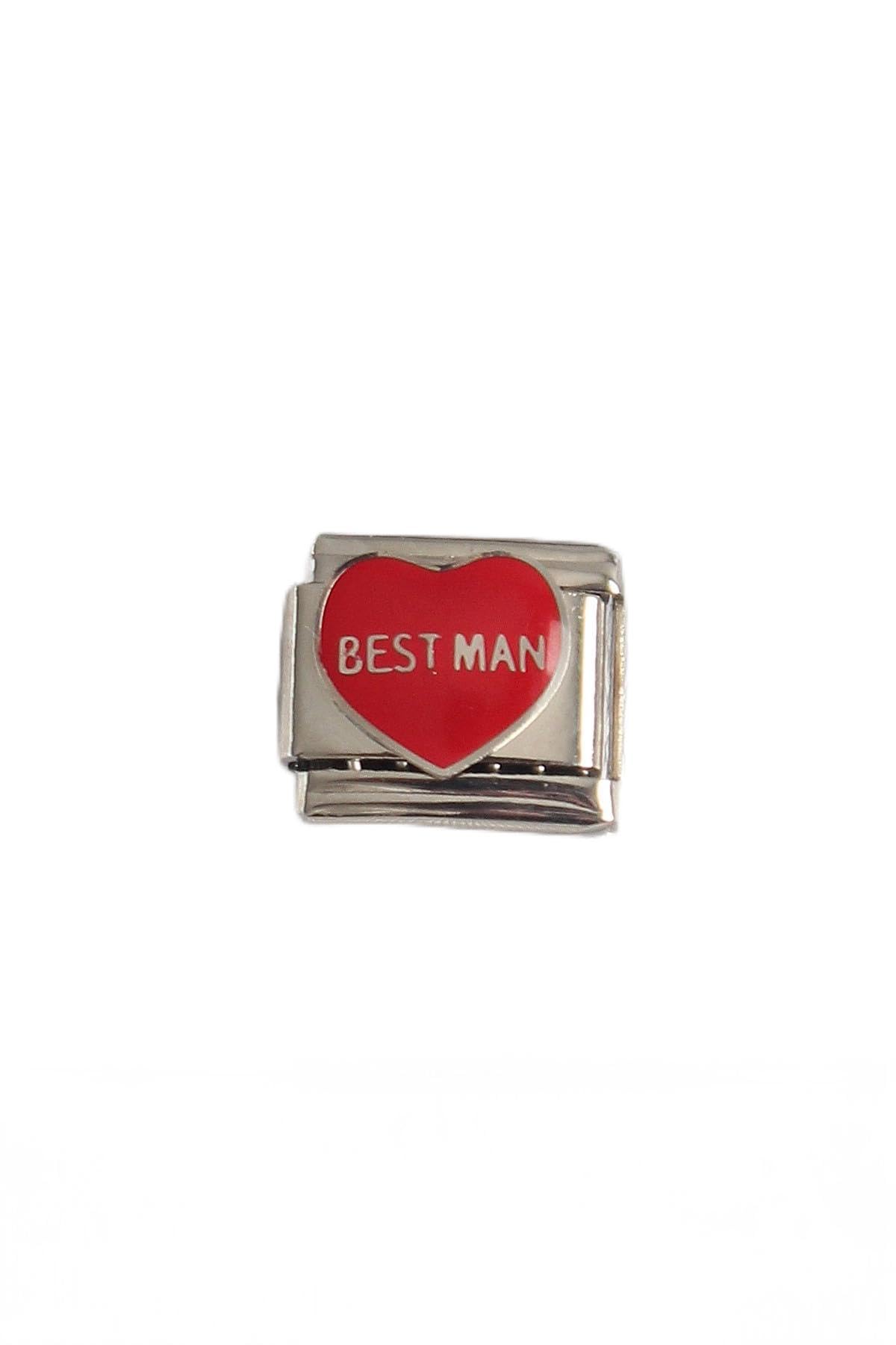MiyanGo(2874) 316L Çelik Gümüş Renk 'Best Man' Yazılı Kırmızı Kalp İşlemeli Nomination Charm - TJ-BC1208 Çok Renkli Tek Ebat