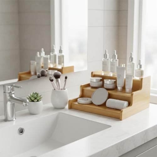 Deconox 3 Katlı Doğal Bambu Baharatlık Rafı | Çok Amaçlı Mutfak ve Banyo Düzenleyici | Merdiven Tipi Tezgah Üstü Organizer | 24x22x11 cm