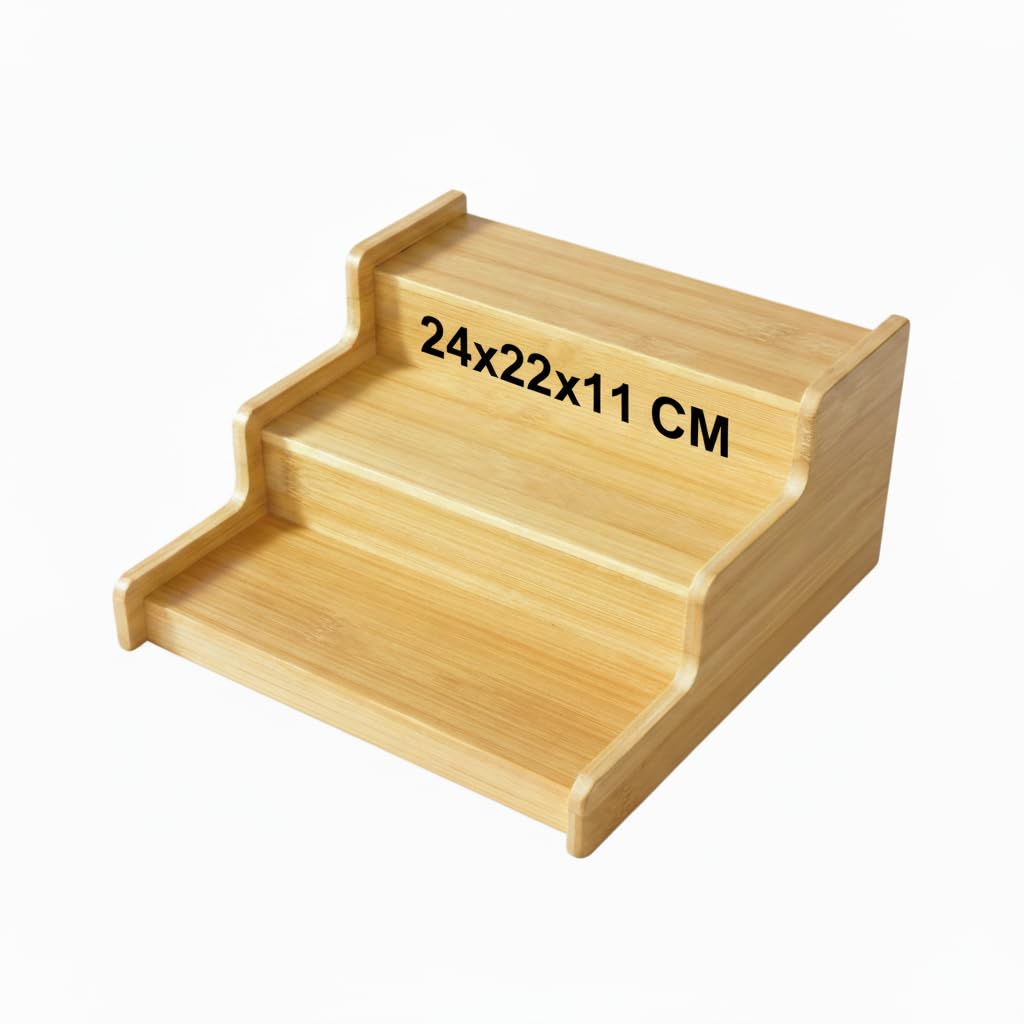 Deconox 3 Katlı Doğal Bambu Baharatlık Rafı | Çok Amaçlı Mutfak ve Banyo Düzenleyici | Merdiven Tipi Tezgah Üstü Organizer | 24x22x11 cm