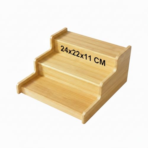 Deconox 3 Katlı Doğal Bambu Baharatlık Rafı | Çok Amaçlı Mutfak ve Banyo Düzenleyici | Merdiven Tipi Tezgah Üstü Organizer | 24x22x11 cm