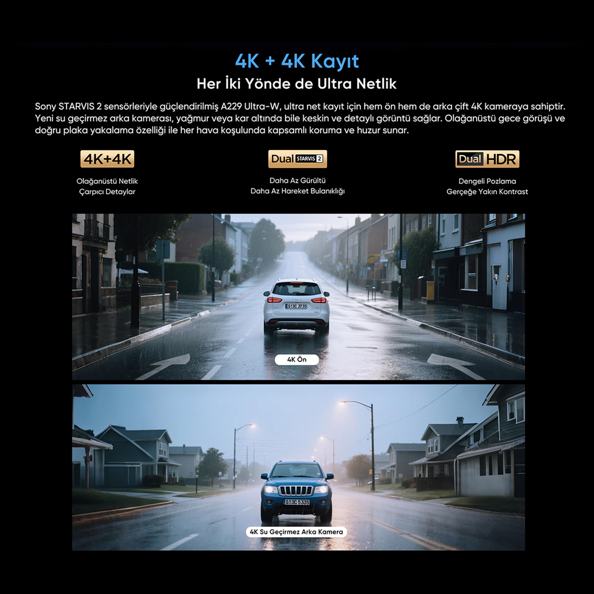 Viofo A229 Ultra-W 2 Kameralı Ön ve Arka Dış Su Geçirmez 4K+4K Sony Starvis 2 Sensörlü Dual HDR Wi-Fi 6 GPS'li Araç Kamerası