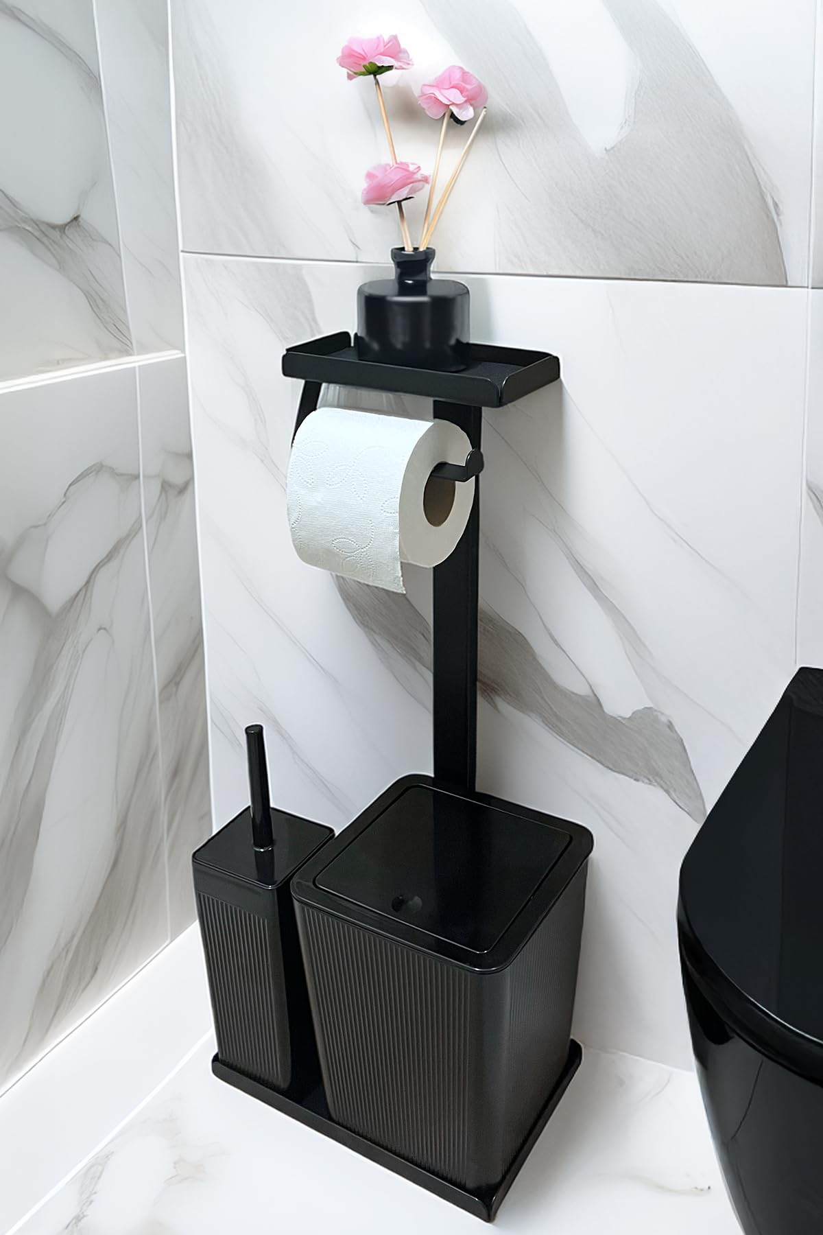 3'ü 1 Arada Banyo Seti Tuvalet Kağıtlık, Çöp Kovası Ve Tuvalet Fırça Takımı Set Çizgili (Siyah)