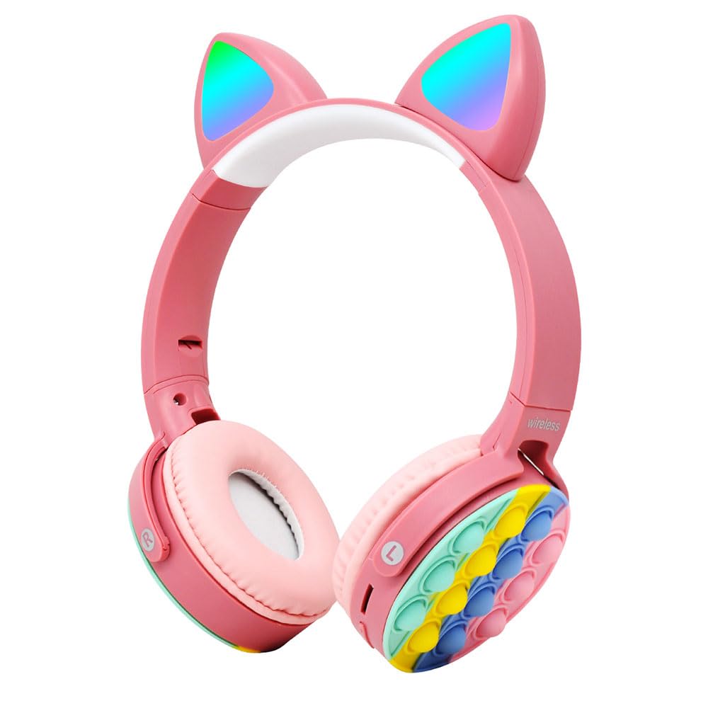 PSR Aksesuar CXT-950 Bluetooth Kulaklık | RGB LED Işıklı Kedi Kulağı Tasarım, Pop It Kulaklık Yüzeyi, Katlanabilir ve Ayarlanabilir Kablosuz Kulak Üstü Kulaklık (Pembe)