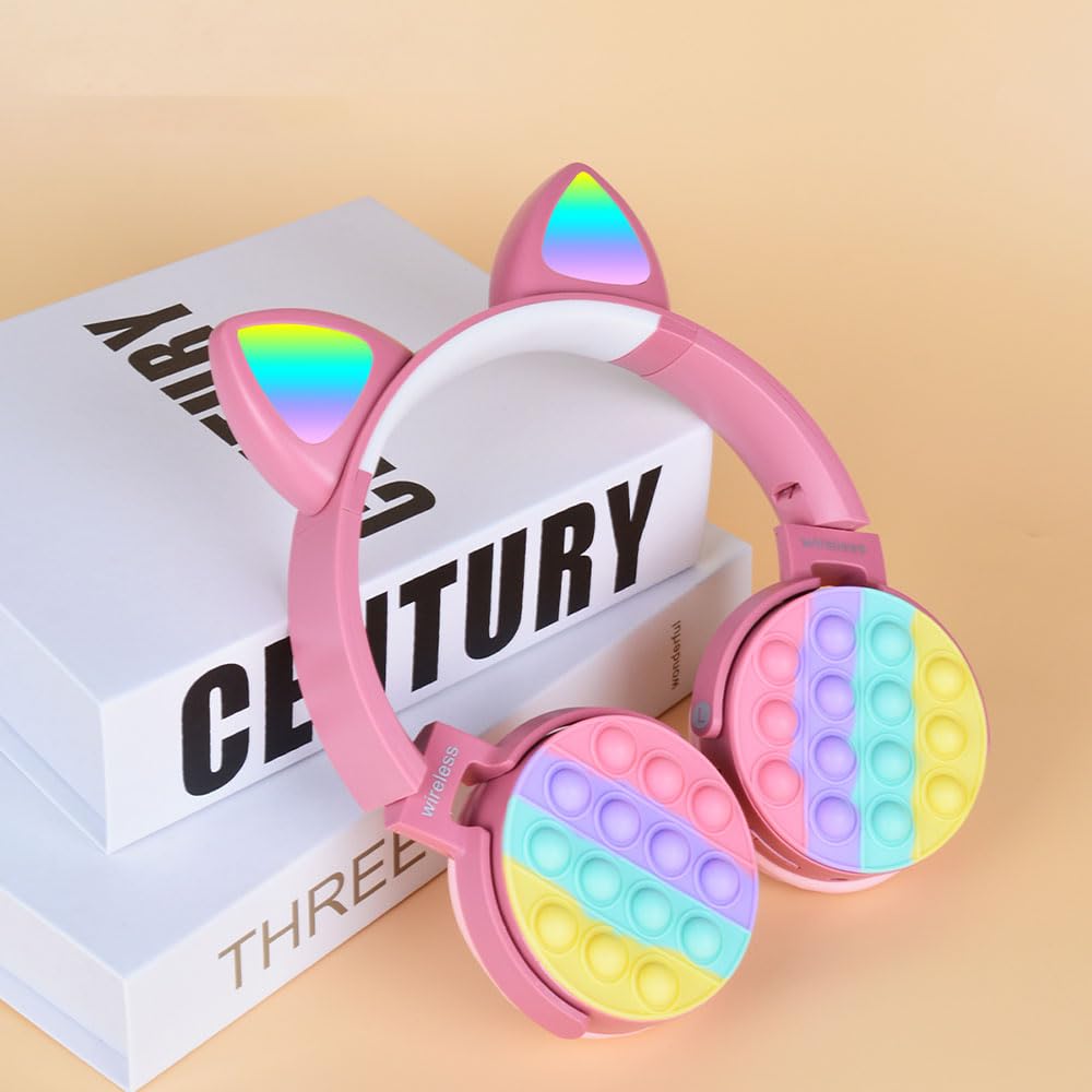 PSR Aksesuar CXT-950 Bluetooth Kulaklık | RGB LED Işıklı Kedi Kulağı Tasarım, Pop It Kulaklık Yüzeyi, Katlanabilir ve Ayarlanabilir Kablosuz Kulak Üstü Kulaklık (Pembe)