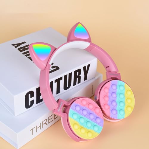 PSR Aksesuar CXT-950 Bluetooth Kulaklık | RGB LED Işıklı Kedi Kulağı Tasarım, Pop It Kulaklık Yüzeyi, Katlanabilir ve Ayarlanabilir Kablosuz Kulak Üstü Kulaklık (Pembe)