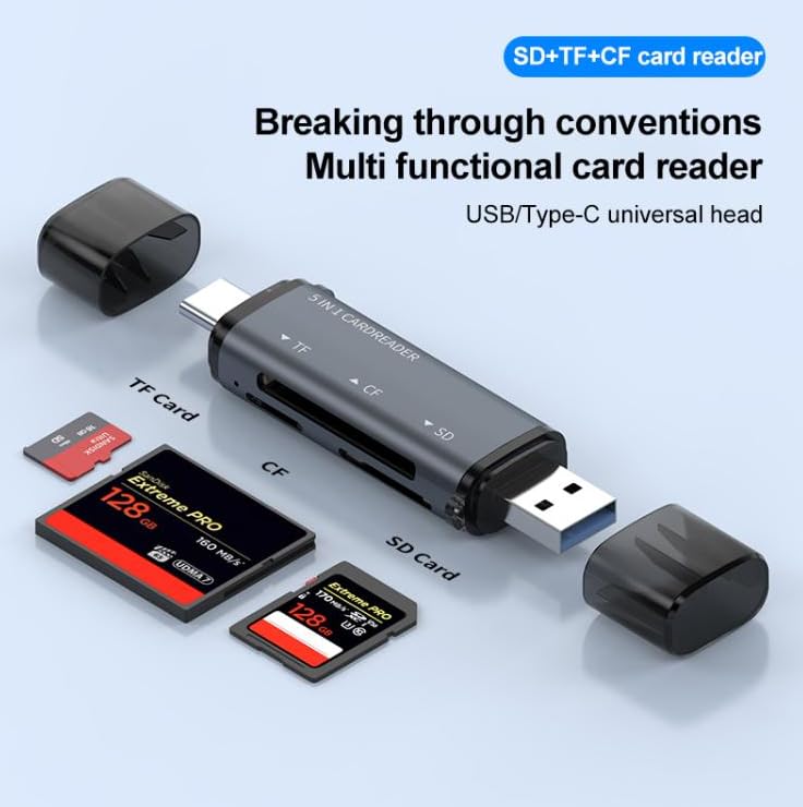 Kyrotech Premium 5-in-1 USB & Type-C Kart Okuyucu, SD, TF, Micro SD, CF, MS Kart Desteği, 480MB/s Hız, Plug Play, Metal Kasa, Toz Geçirmez Tasarım Telefon, Tablet, PC Uyumlu Card Reader