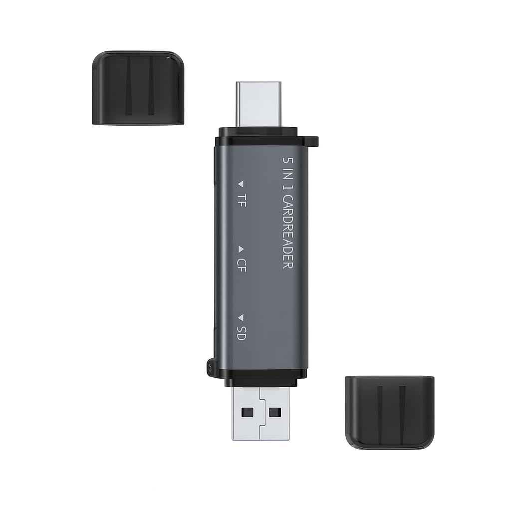 Kyrotech Premium 5-in-1 USB & Type-C Kart Okuyucu, SD, TF, Micro SD, CF, MS Kart Desteği, 480MB/s Hız, Plug Play, Metal Kasa, Toz Geçirmez Tasarım Telefon, Tablet, PC Uyumlu Card Reader