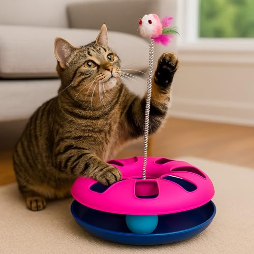 MADPET Kedi Oyuncağı – Dönme Toplu ve Yaylı Tüylü Fareli Kedi Aktivite Oyuncağı – Kediler İçin Eğlenceli, Dayanıklı ve Kaymaz Zeminli Oyun Oyuncağı – Turuncu