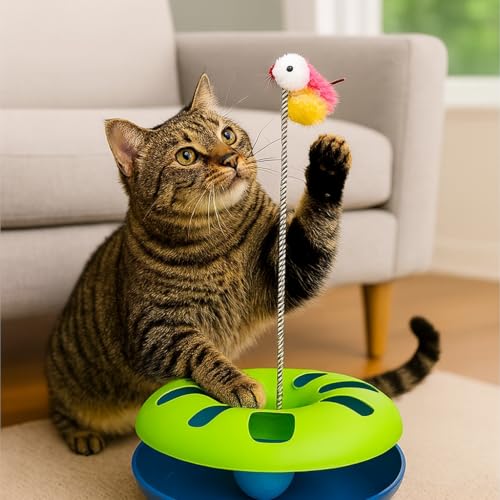 MADPET Kedi Oyuncağı – Dönme Toplu ve Yaylı Tüylü Fareli Kedi Aktivite Oyuncağı – Kediler İçin Eğlenceli, Dayanıklı ve Kaymaz Zeminli Oyun Oyuncağı – Turuncu
