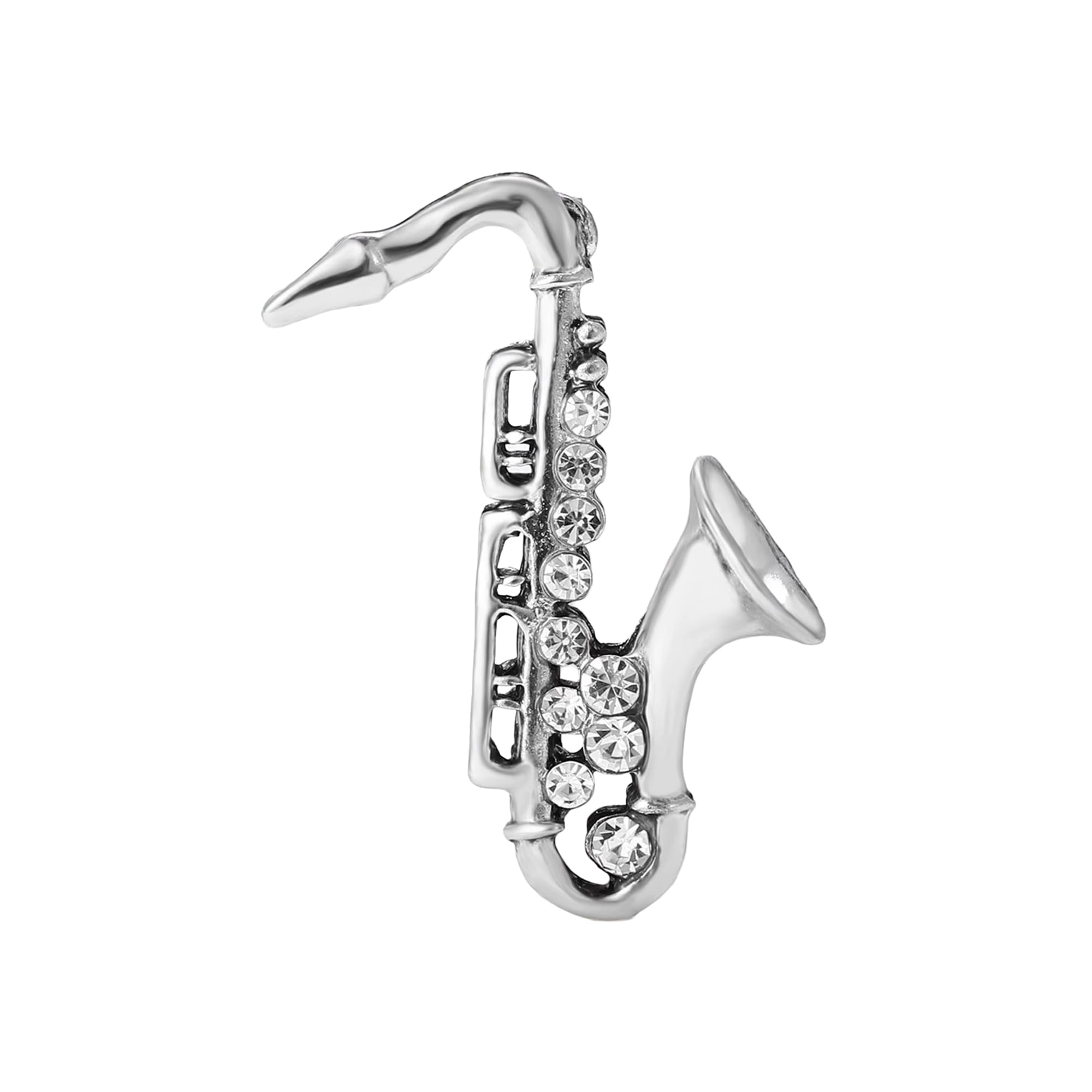 Gümüş Saksafon Broş – Kristal Taşlı Müzik Temalı Broş – Müzisyenler İçin Şık Aksesuar