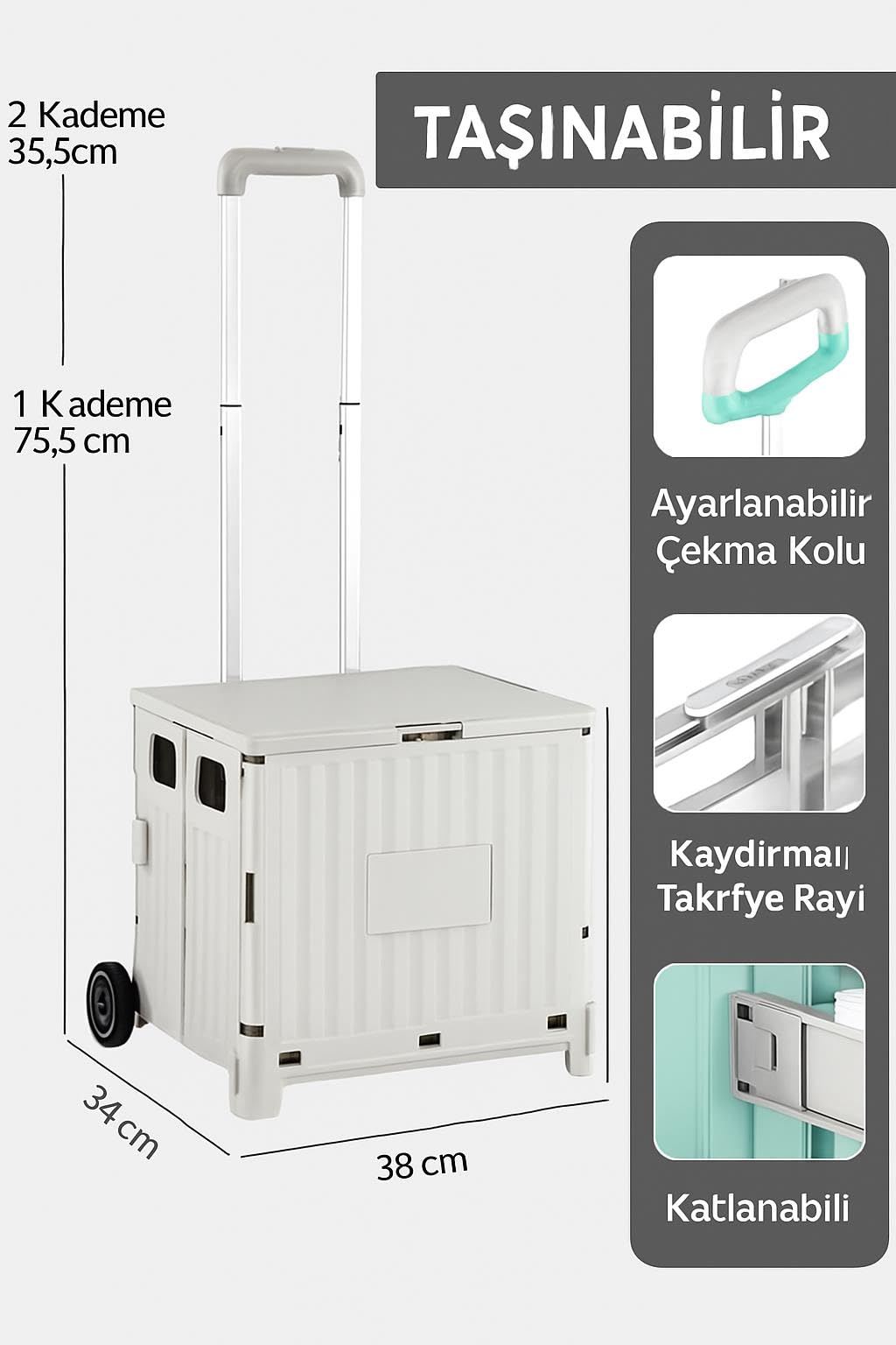 Valkyrie Katlanabilir İki Tekerlekli Alışveriş ve Depolama Çantası – Kapaklı Teleskopik Çekme Kolu Kamp Plaj Çok Amaçlı Beyaz