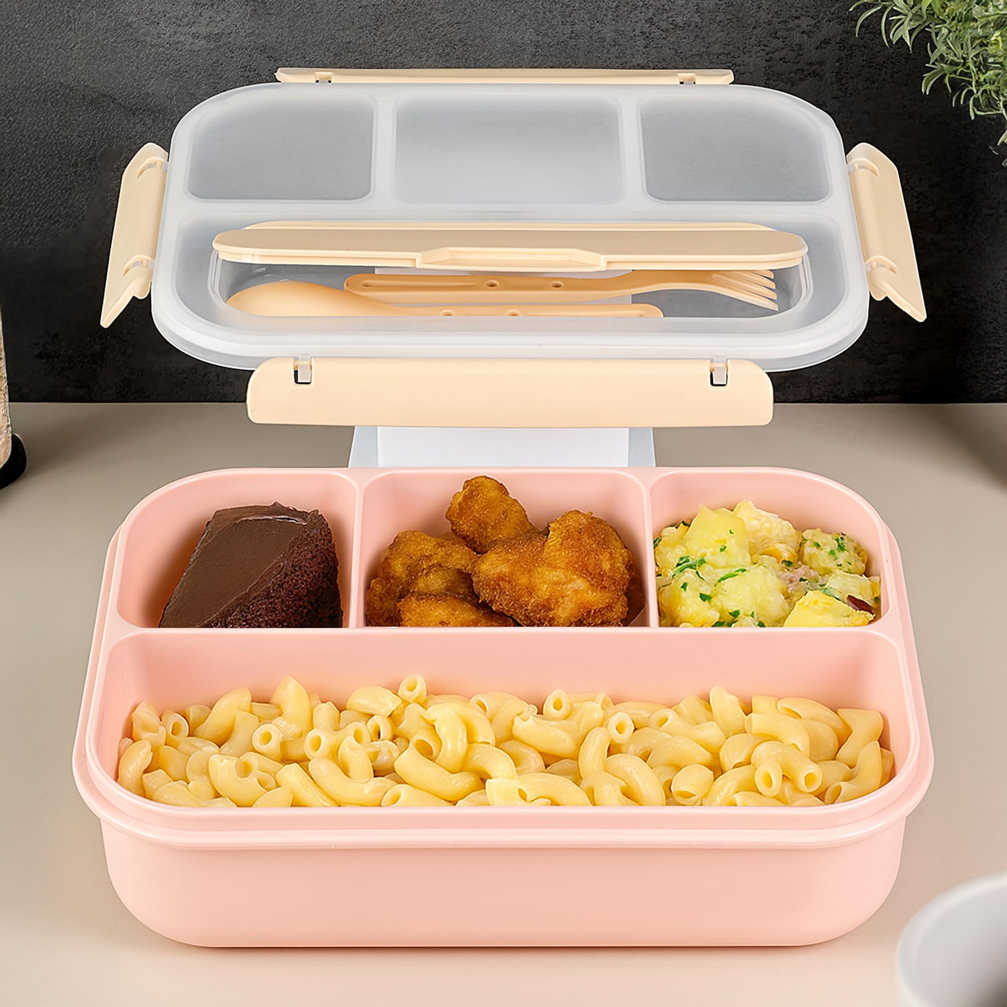 Sızdırmaz Contalı Yemek Kabı - 4 Bölmeli Çatal Kaşıklı Diyet Beslenme Kutusu Lunch Box Pembe