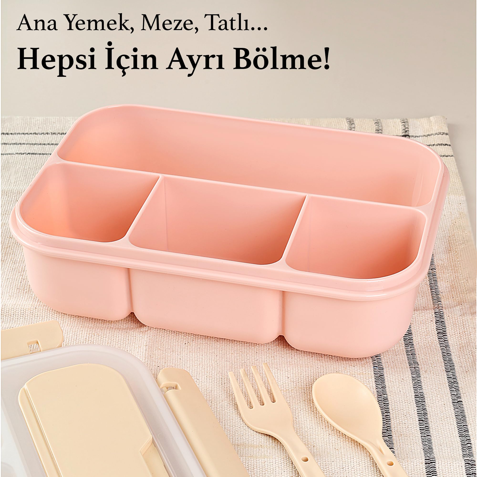 Sızdırmaz Contalı Yemek Kabı - 4 Bölmeli Çatal Kaşıklı Diyet Beslenme Kutusu Lunch Box Pembe