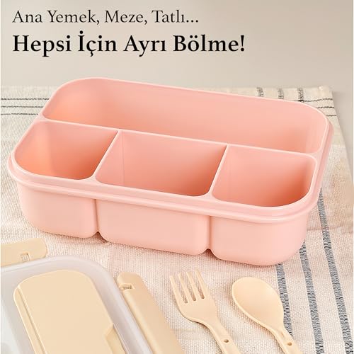 Sızdırmaz Contalı Yemek Kabı - 4 Bölmeli Çatal Kaşıklı Diyet Beslenme Kutusu Lunch Box Pembe