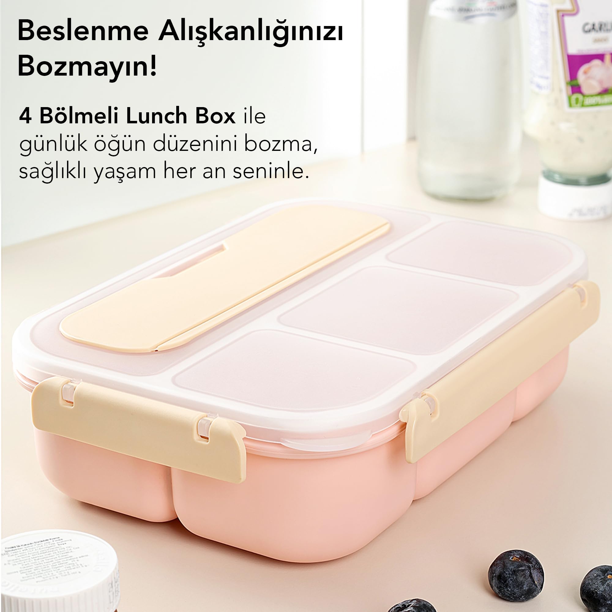 Sızdırmaz Contalı Yemek Kabı - 4 Bölmeli Çatal Kaşıklı Diyet Beslenme Kutusu Lunch Box Pembe