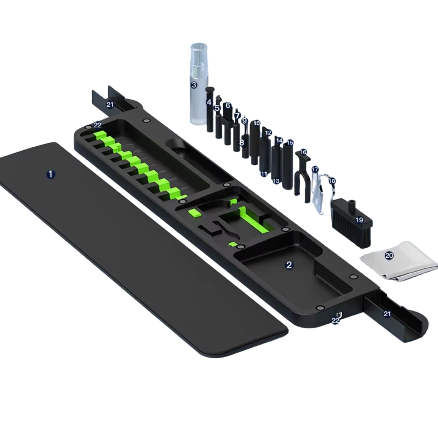 McStorey Ergonomik Klavye Bilek Desteği ve 22-in-1 Temizlik Kiti – Gizli Saklama ve Manyetik Organizer Tasarım, Mekanik Klavye Uyumlu Masaüstü Düzenleyici, Telefon Kulaklık Laptop Temizleme Seti Siyah