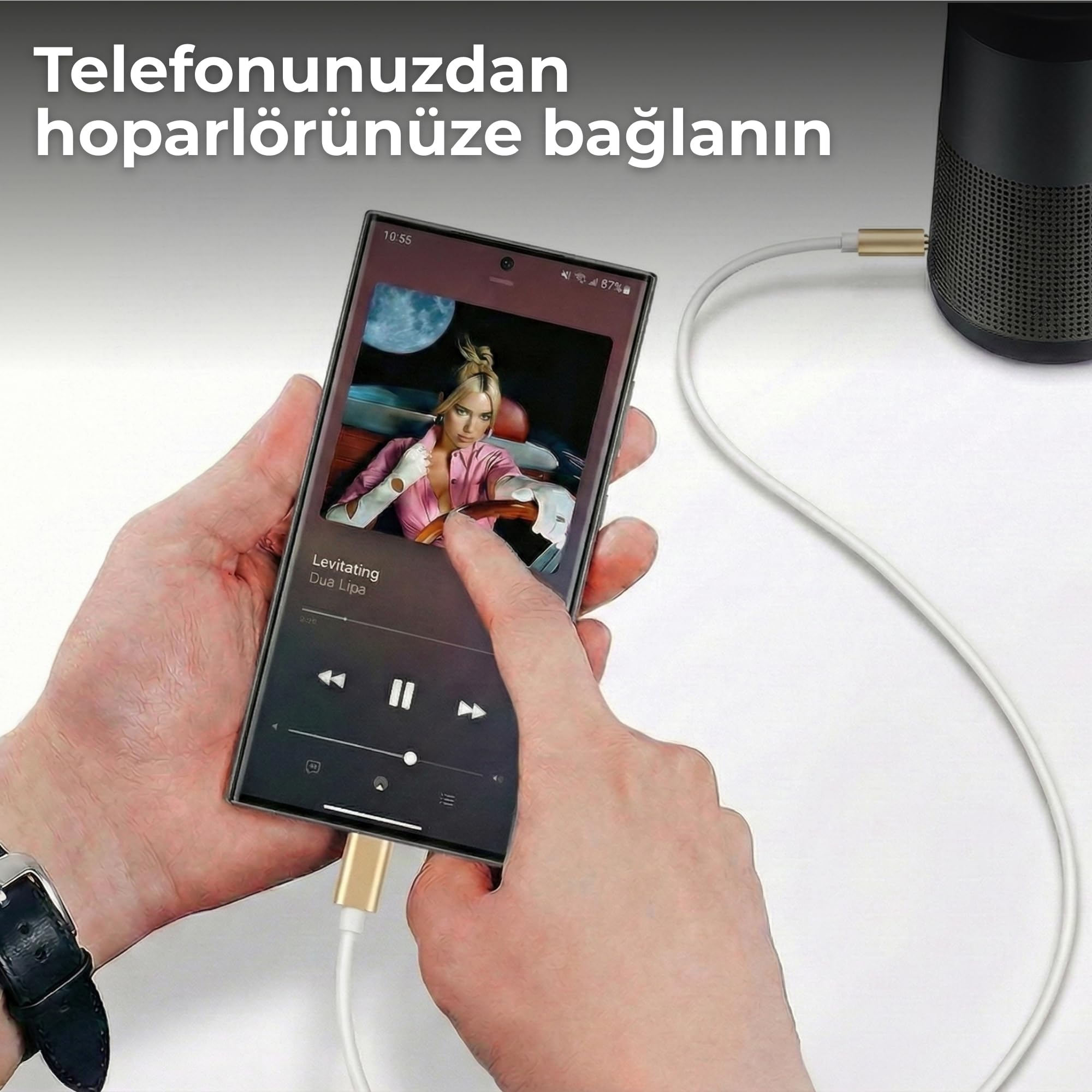 Hadron Type-C to 3.5mm Aux Ses Kablosu, Araba, Hoparlör ve Kulaklık Bağlantı Kablosu, 1 Metre, Dijital Ses Dönüştürücü (Beyaz)