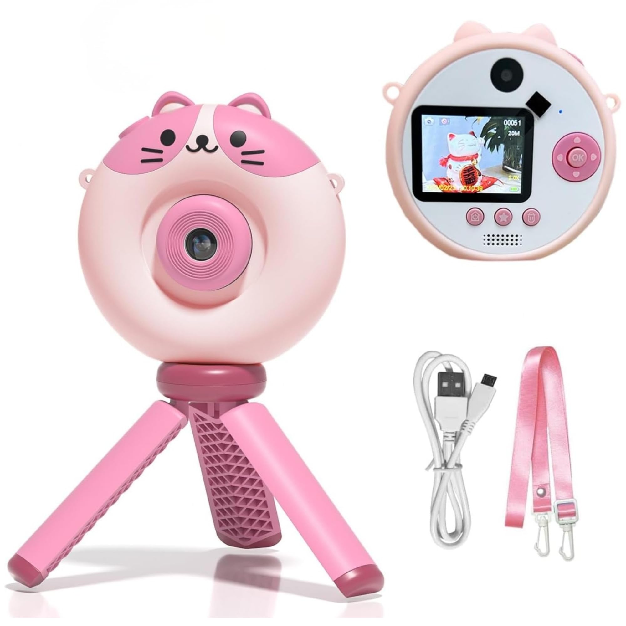 Sevimli Dijital Kamera, 1080P Full HD Görüntü Kalitesi, 20 MP Fotoğraf Çekme ve Video Kaydı, 8x Zoom Özelliği, Selfie Çekme, Uzun Şarj Ömrü, Tripodlu Şarjlı Dijital Kamera Fotoğraf Makinesi, Pembe
