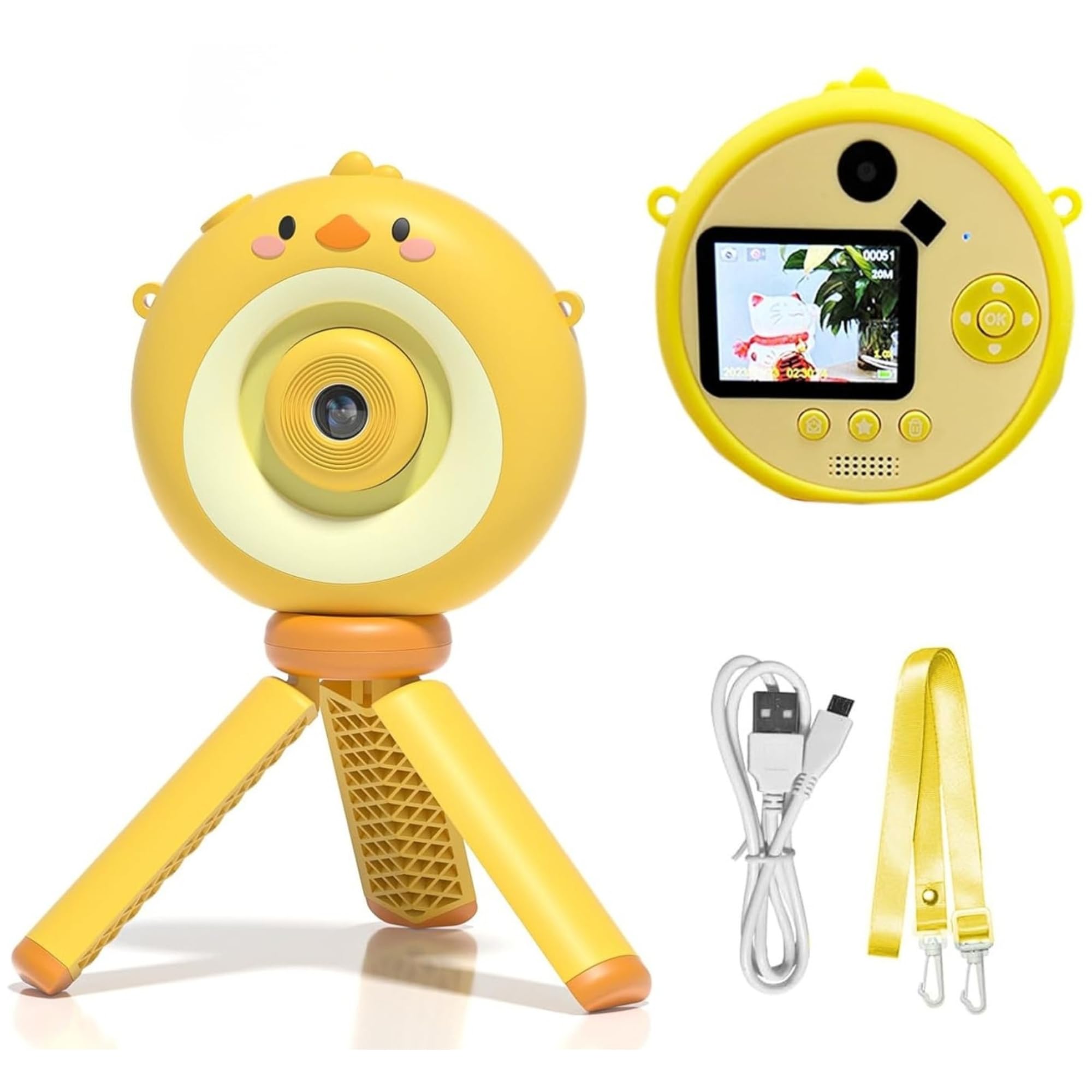 Sevimli Dijital Kamera, 1080P Full HD Görüntü Kalitesi, 20 MP Fotoğraf Çekme ve Video Kaydı, 8x Zoom Özelliği, Selfie Çekme, Uzun Şarj Ömrü, Tripodlu Şarjlı Dijital Kamera Fotoğraf Makinesi, Sarı