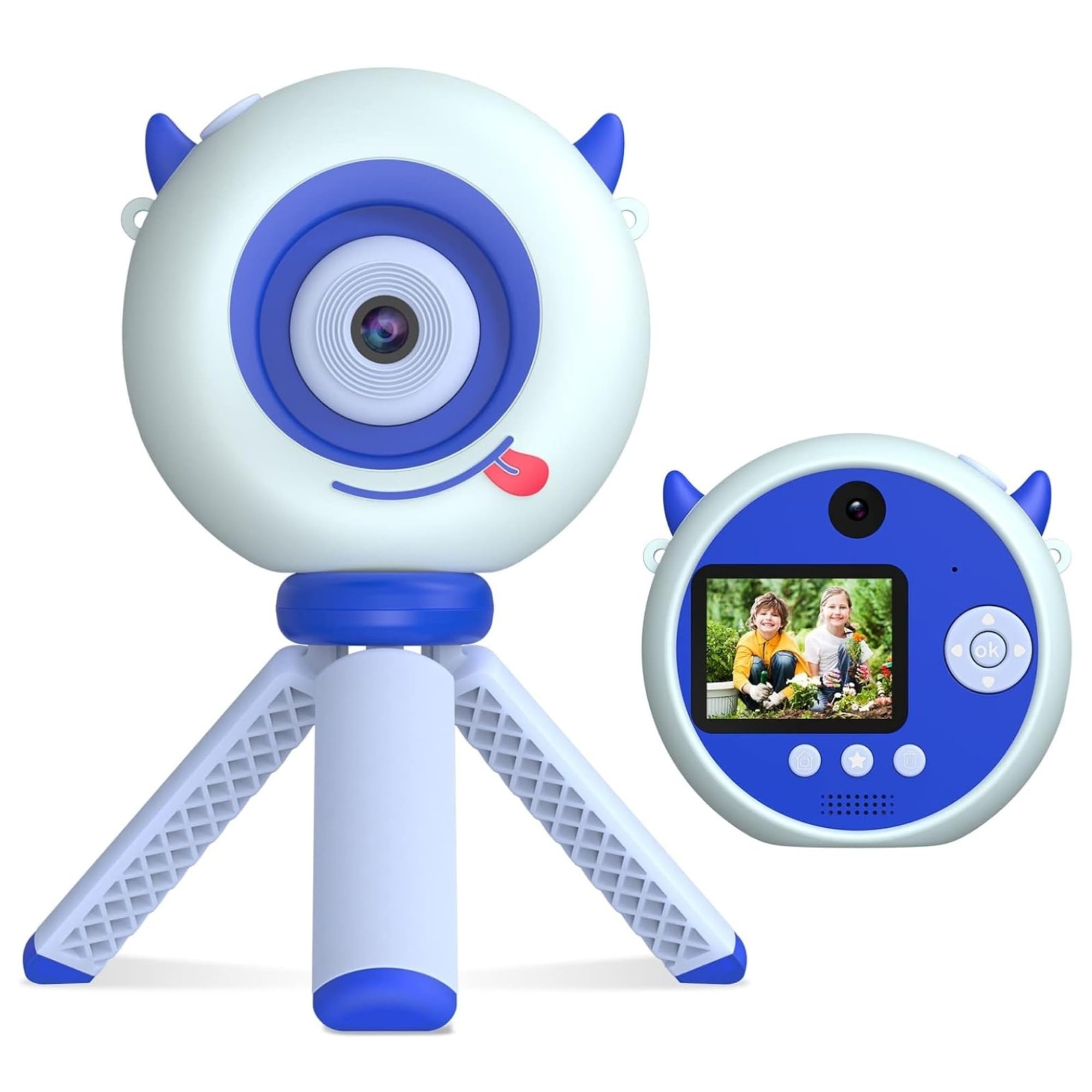 Sevimli Dijital Kamera, 1080P Full HD Görüntü Kalitesi, 20 MP Fotoğraf Çekme ve Video Kaydı, 8x Zoom Özelliği, Selfie Çekme, Uzun Şarj Ömrü, Tripodlu Şarjlı Dijital Kamera Fotoğraf Makinesi, Mavi