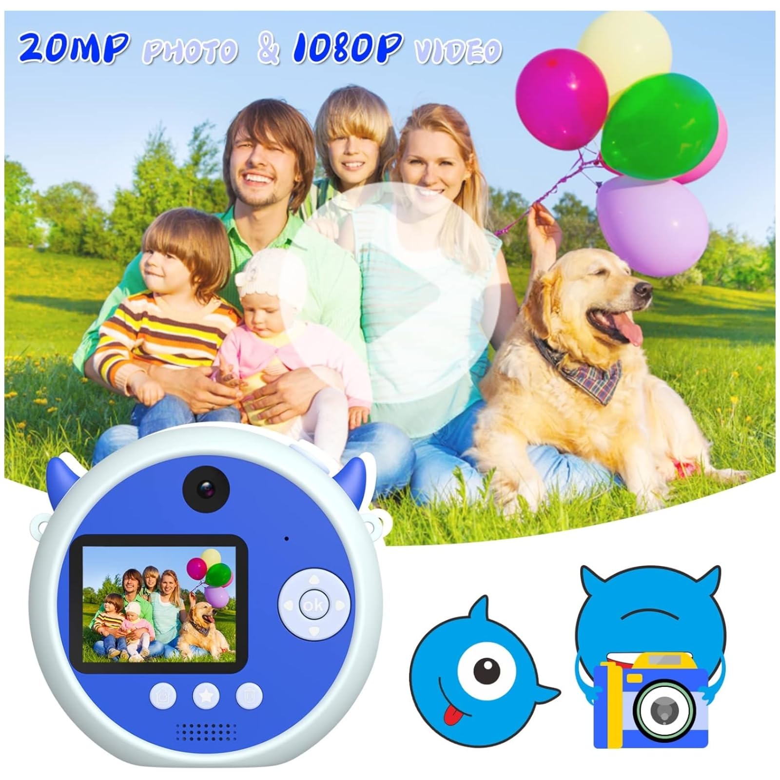 Sevimli Dijital Kamera, 1080P Full HD Görüntü Kalitesi, 20 MP Fotoğraf Çekme ve Video Kaydı, 8x Zoom Özelliği, Selfie Çekme, Uzun Şarj Ömrü, Tripodlu Şarjlı Dijital Kamera Fotoğraf Makinesi, Mavi