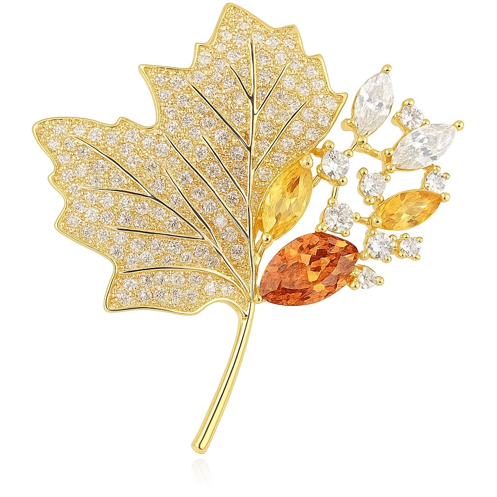 Nice For You Kristal Zirkon Akçaağaç Yaprağı Broş – Çok Renkli, Işıltılı Premium Metal, Kadın Şık Aksesuar, Ceket & Şal Broşu, Hediyelik