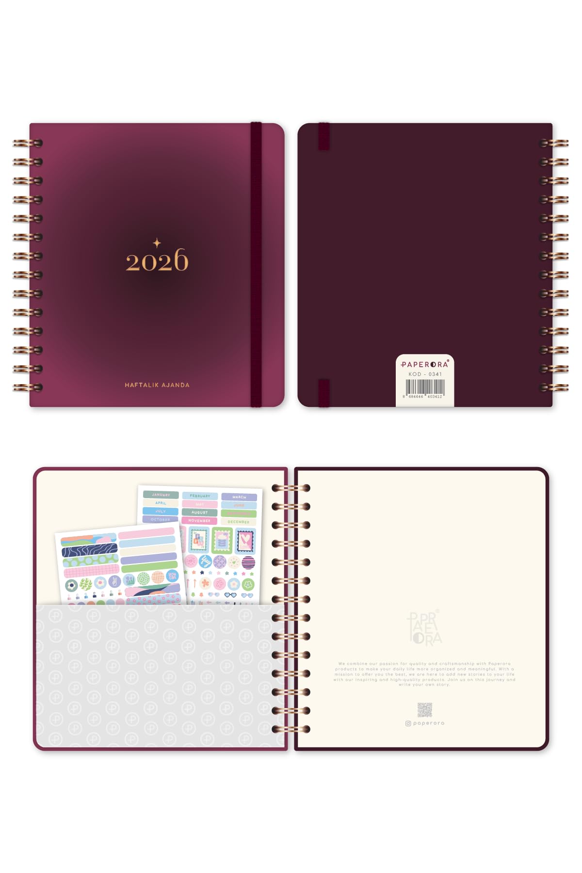 2026 18x20 Spiralli Haftalık Kare Ajanda 12 Aylık - Bordo