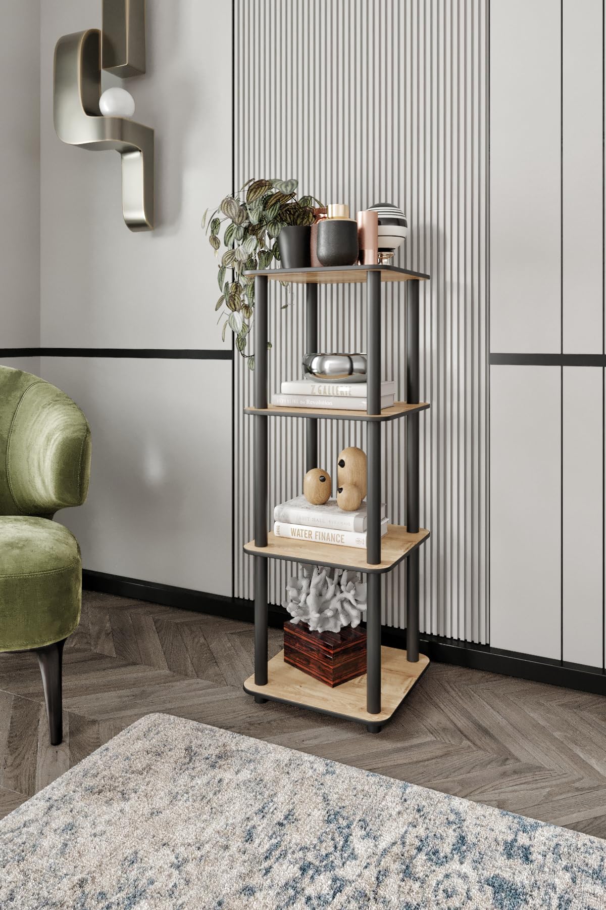 Modern 4 Katlı Ahşap Dekoratif Kitaplık ve Bitki Standı | Çok Amaçlı Raf Düzenleyici | Salon, Oturma Odası ve Ofis İçin Şık Tasarım | Messer (Meşe, Square)