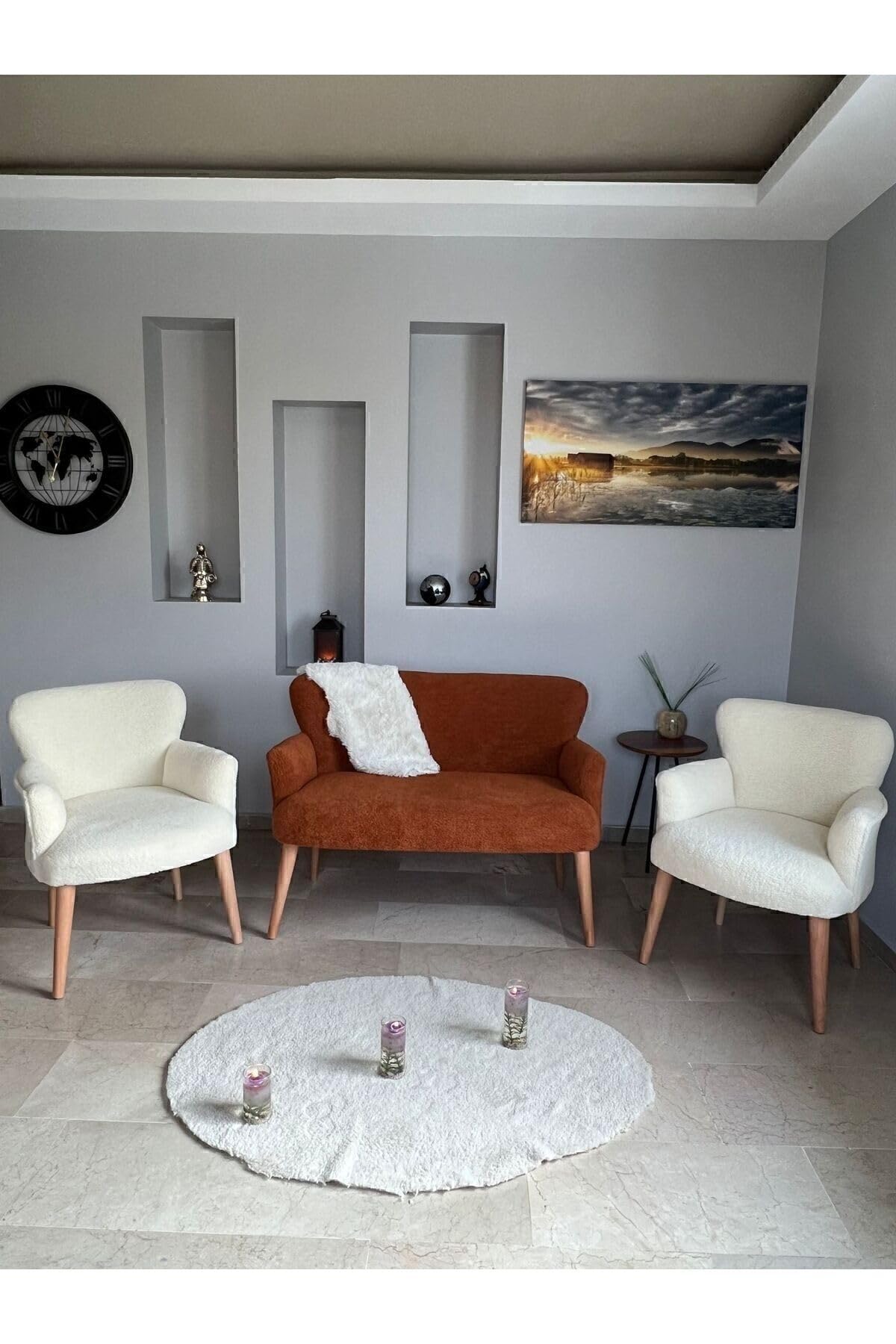 Azra Aksesuar Çay Seti Oturma Grubu, Puffy Kumaş, Koltuk Takımı, Ahşap Ayak, Balkon Bahçe Mobilyası