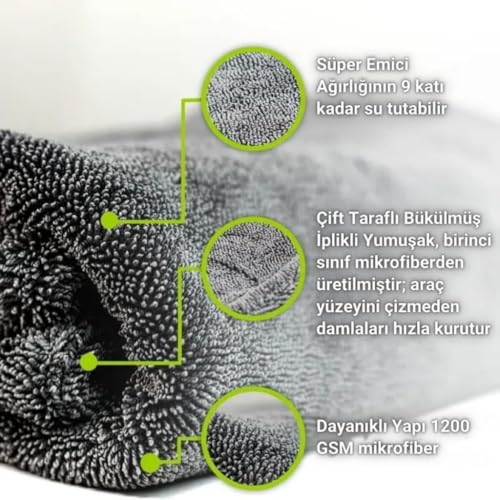 Coofbe Profesyonel 60x90CM 1200GSM Ultra Kalın Mikrofiber Araç Kurulama Havlusu Oto Yıkama Bezi Kurutma Havlusu