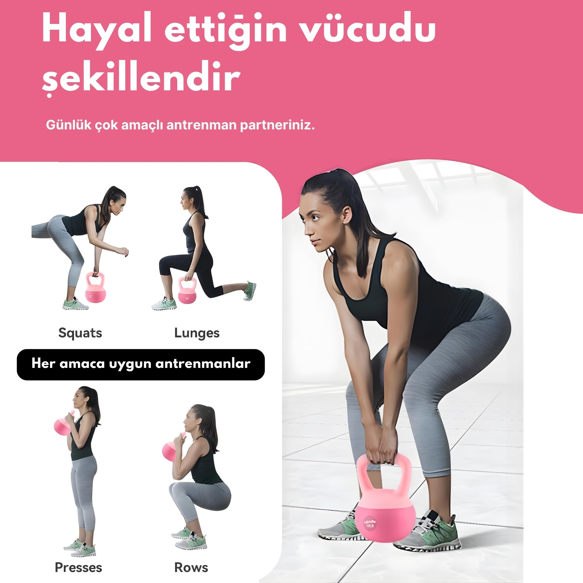 Sporsize Soft Touch Kettlebell – Kaydırmaz Yüzey – Evde Spor & Fitness Ağırlığı – 2–10 kg Seçenekleri (Soft Pembe, 3 KG)