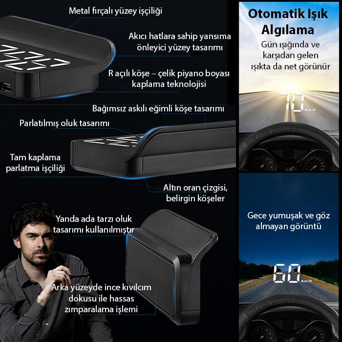 ALLY M3 HUD OBD2 Head-Up Display Dijital Hız Göstergesi E-OBD ve GPS Destekli OBD Arayüzlü - Alarmlı Ön Cam Ekran Projektör, SIYAH