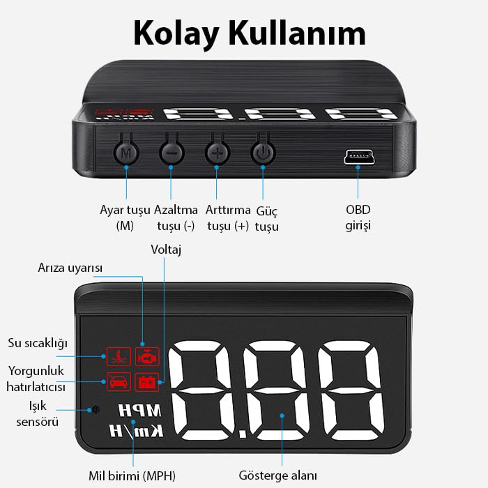 ALLY M3 HUD OBD2 Head-Up Display Dijital Hız Göstergesi E-OBD ve GPS Destekli OBD Arayüzlü - Alarmlı Ön Cam Ekran Projektör, SIYAH
