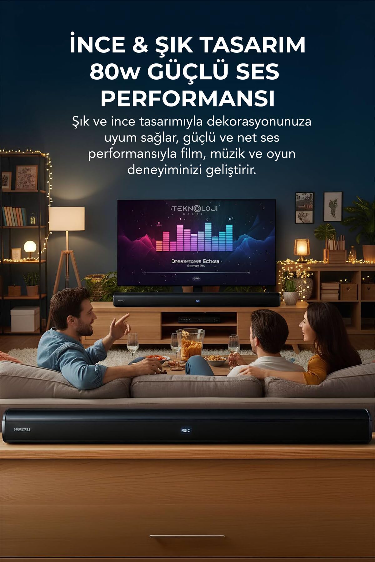 Teknoloji Gelsin HP-TV05 Soundbar Kablosuz Ev Sinema Sistemi 80W Stereo HD Ses LED Ekranlı Bluetooth Uzaktan Kumandalı 100x7x10 cm 2 Yıl Garantili