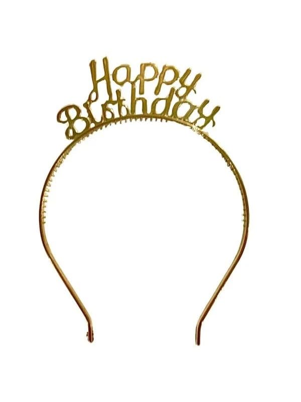 MIKA Gold Renk Happy Birthday Yazılı Taç, Doğum Günü Parti Aksesuarı, Mika Tasarım Baş Bandı