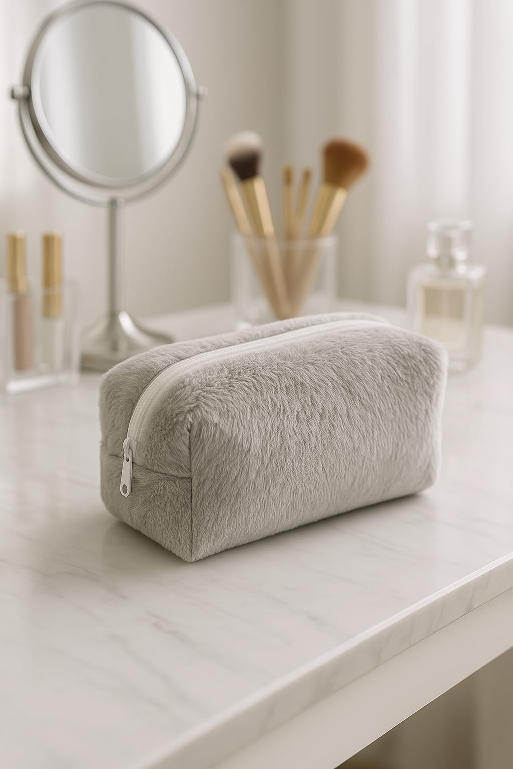 Peluş Yumuşacık Makyaj Çantası - Kozmetik Organizeri (Gri)