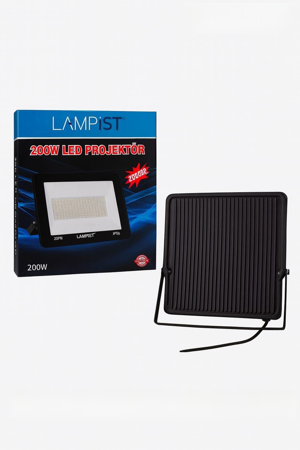 LAMPiST 200W LED Projektör, 6500K, 20000 Lümen, Dış Mekan Aydınlatma, Siyah