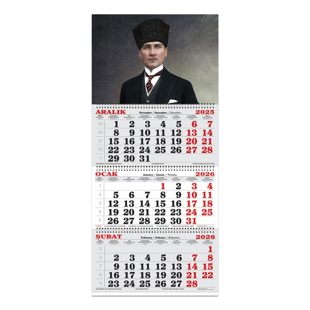 Keskin Color 3 Aylık Spiralli Jumbo Denizci Takvim, Atatürk Temalı, Beyaz, 2026