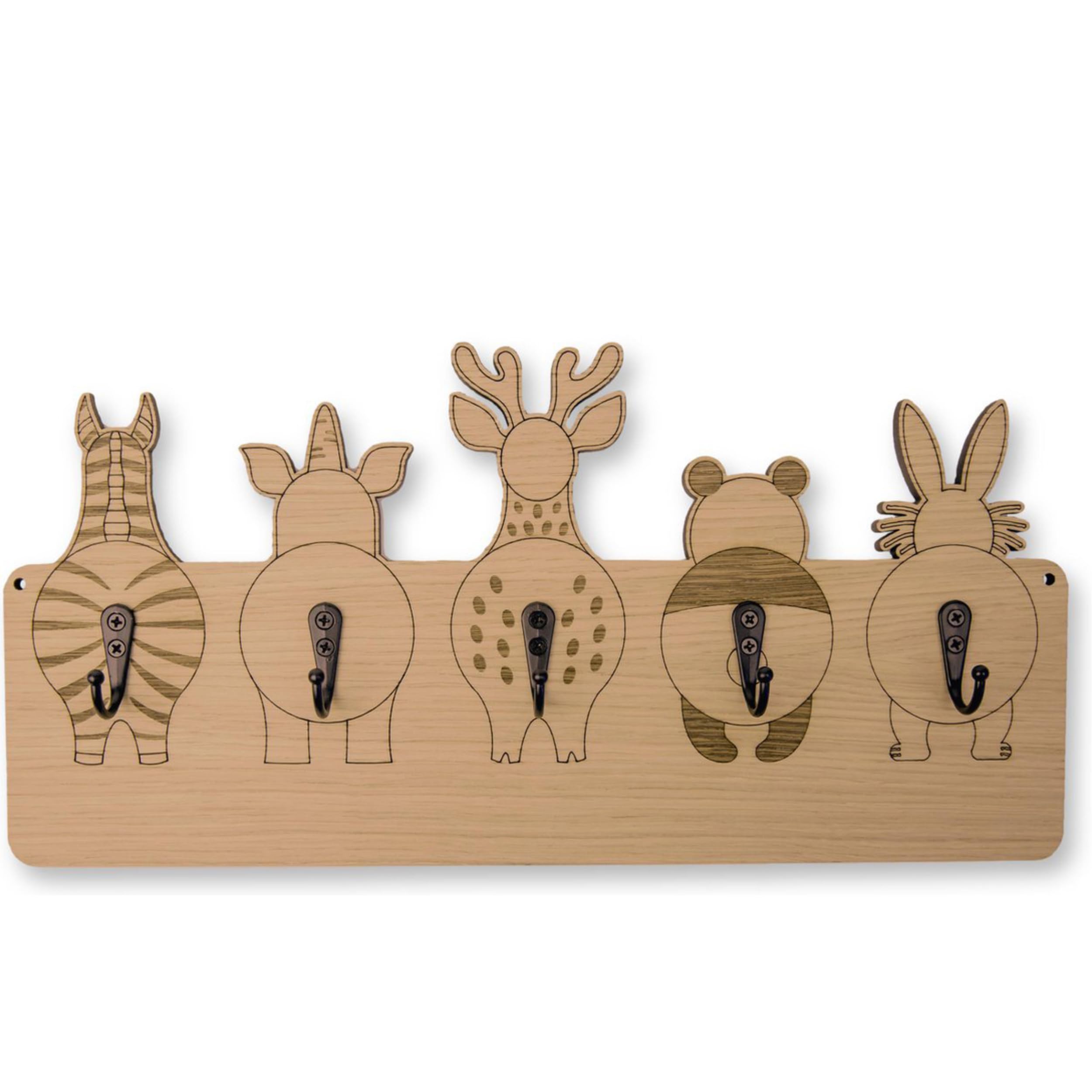 SOGUD Ahşap Çocuk Odası Duvar Askılığı – Hayvan Figürlü 5 Metal Kancalı Askı – Doğal Ahşap Montessori Duvar Askısı – Dekoratif & Dayanıklı Gardırop Askısı 40x20 cm