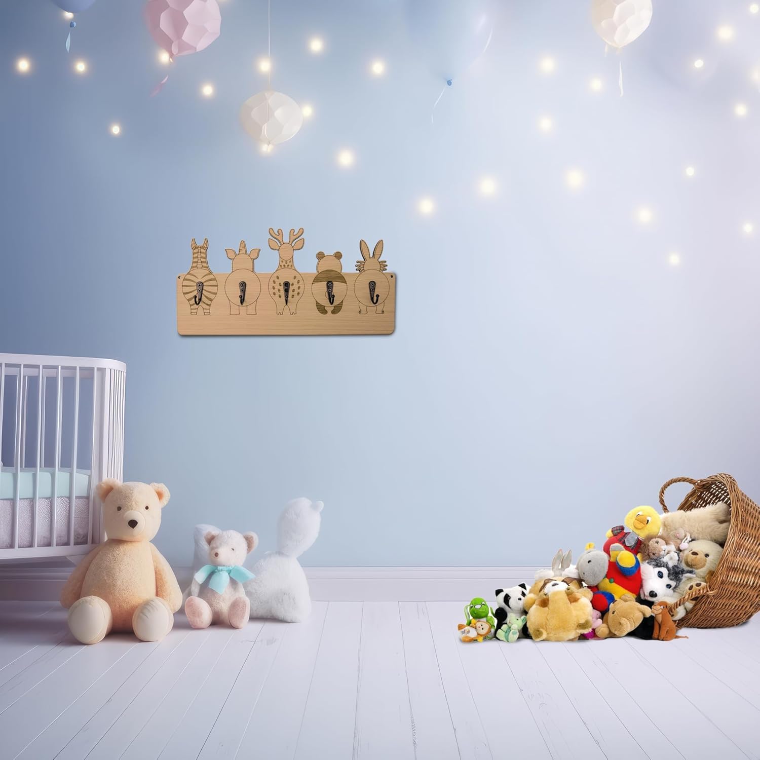 SOGUD Ahşap Çocuk Odası Duvar Askılığı – Hayvan Figürlü 5 Metal Kancalı Askı – Doğal Ahşap Montessori Duvar Askısı – Dekoratif & Dayanıklı Gardırop Askısı 40x20 cm