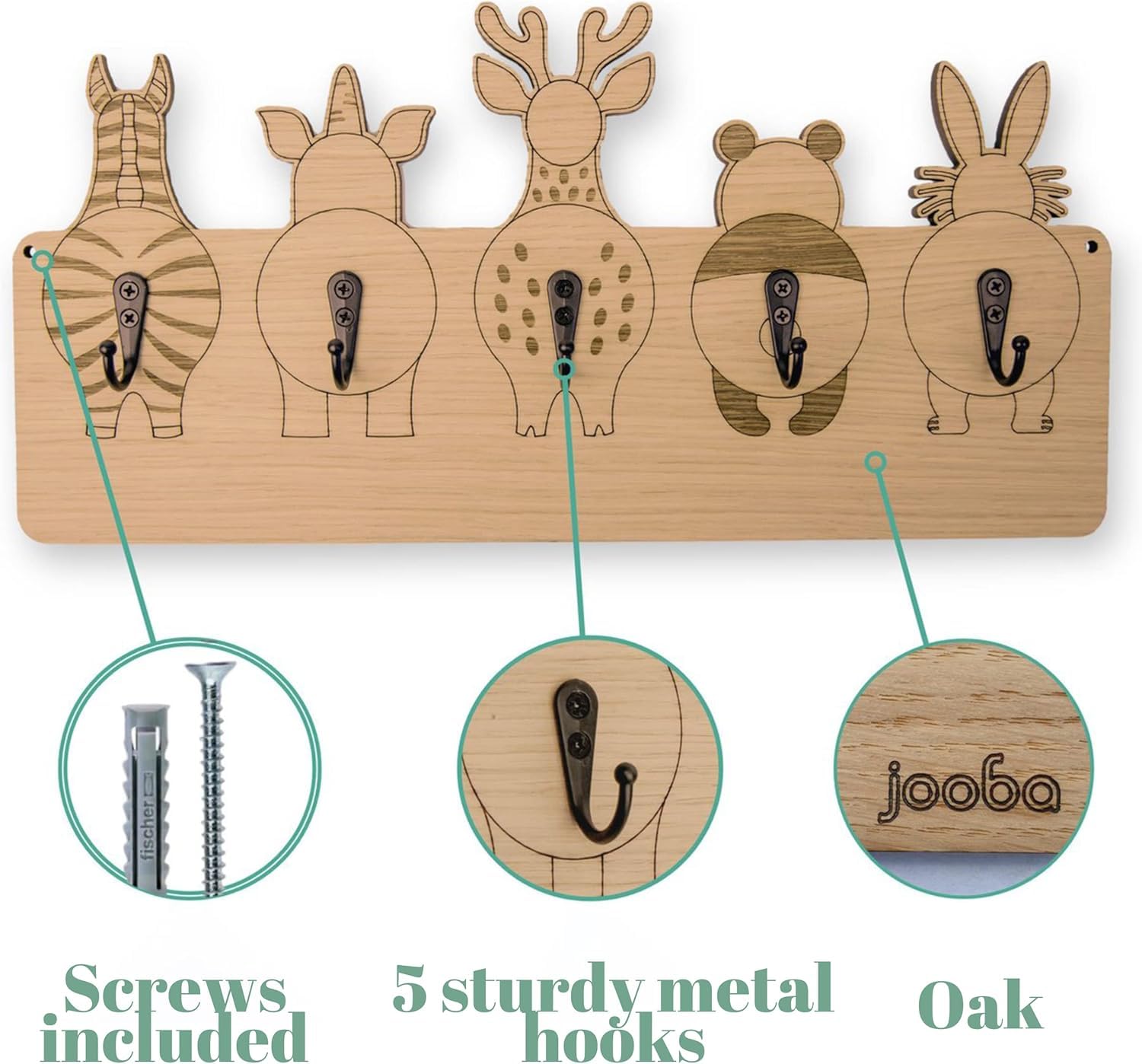 SOGUD Ahşap Çocuk Odası Duvar Askılığı – Hayvan Figürlü 5 Metal Kancalı Askı – Doğal Ahşap Montessori Duvar Askısı – Dekoratif & Dayanıklı Gardırop Askısı 40x20 cm