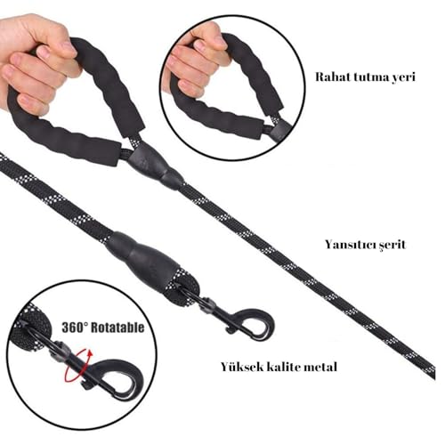 Hsport Köpek Gezdirme İpi Küçük Orta Büyük Irk Köpekler için 125 cm Sevk Tasma Kayışı (Reflektörlü)