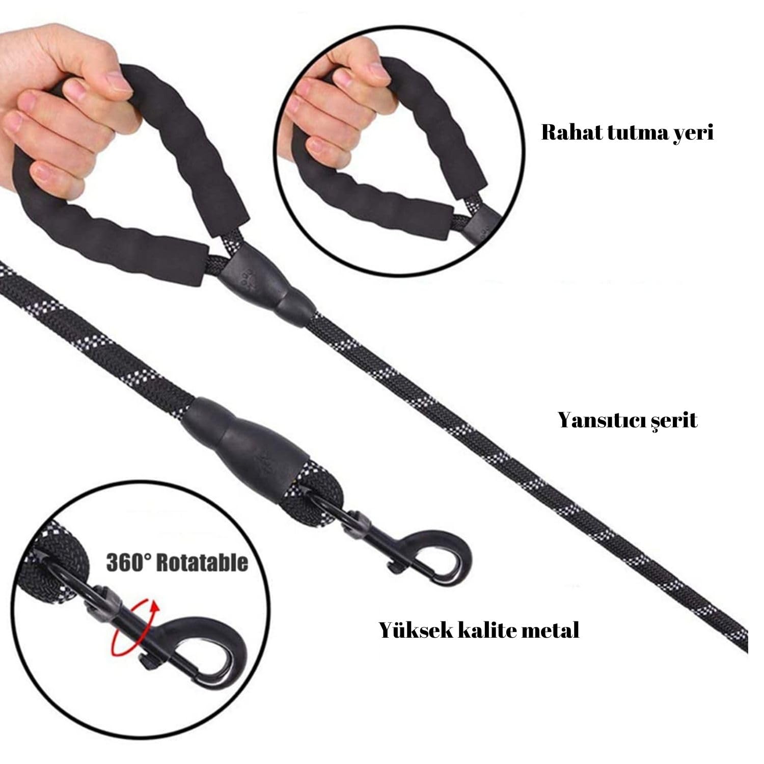 Hsport Köpek Gezdirme İpi Küçük Orta Büyük Irk Köpekler için 125 cm Sevk Tasma Kayışı (Reflektörlü)