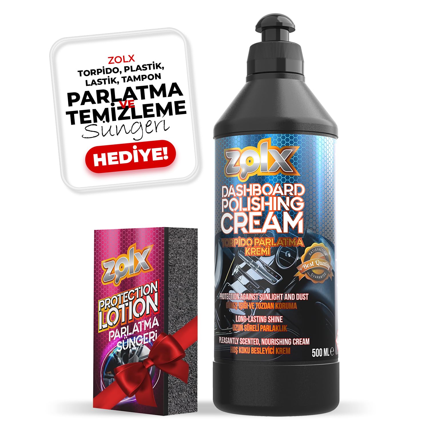 Zolx Torpido Plastik Parlatıcı Bakım Kremi Tüm Araçlar İçin 500ml + Sünger HEDİYELİ.