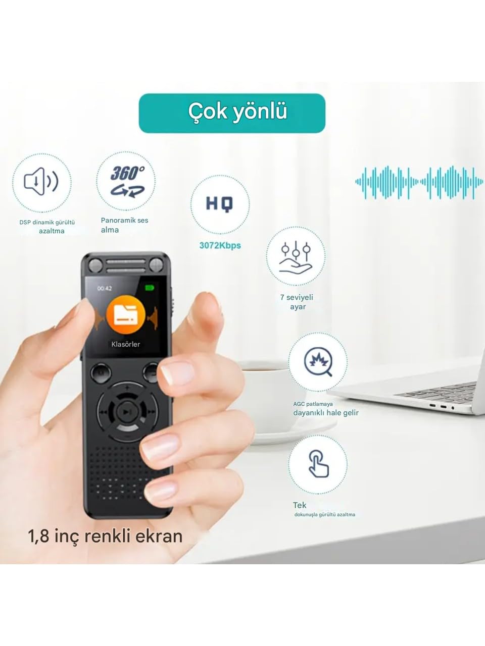 Hs-32 Metal Ses Kayıt Cihazı, 32GB Hafıza, Çift Hoparlör, Kristal Mikrofon, 75 Saat Pil Ömrü, Gürültü Azaltma, Type-C Şarj, 1.8 inç Ekran