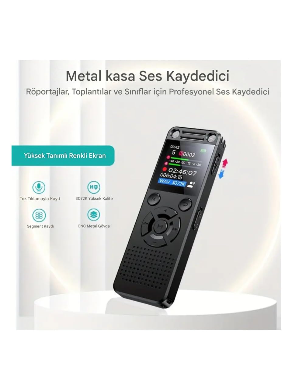 Hs-32 Metal Ses Kayıt Cihazı, 32GB Hafıza, Çift Hoparlör, Kristal Mikrofon, 75 Saat Pil Ömrü, Gürültü Azaltma, Type-C Şarj, 1.8 inç Ekran