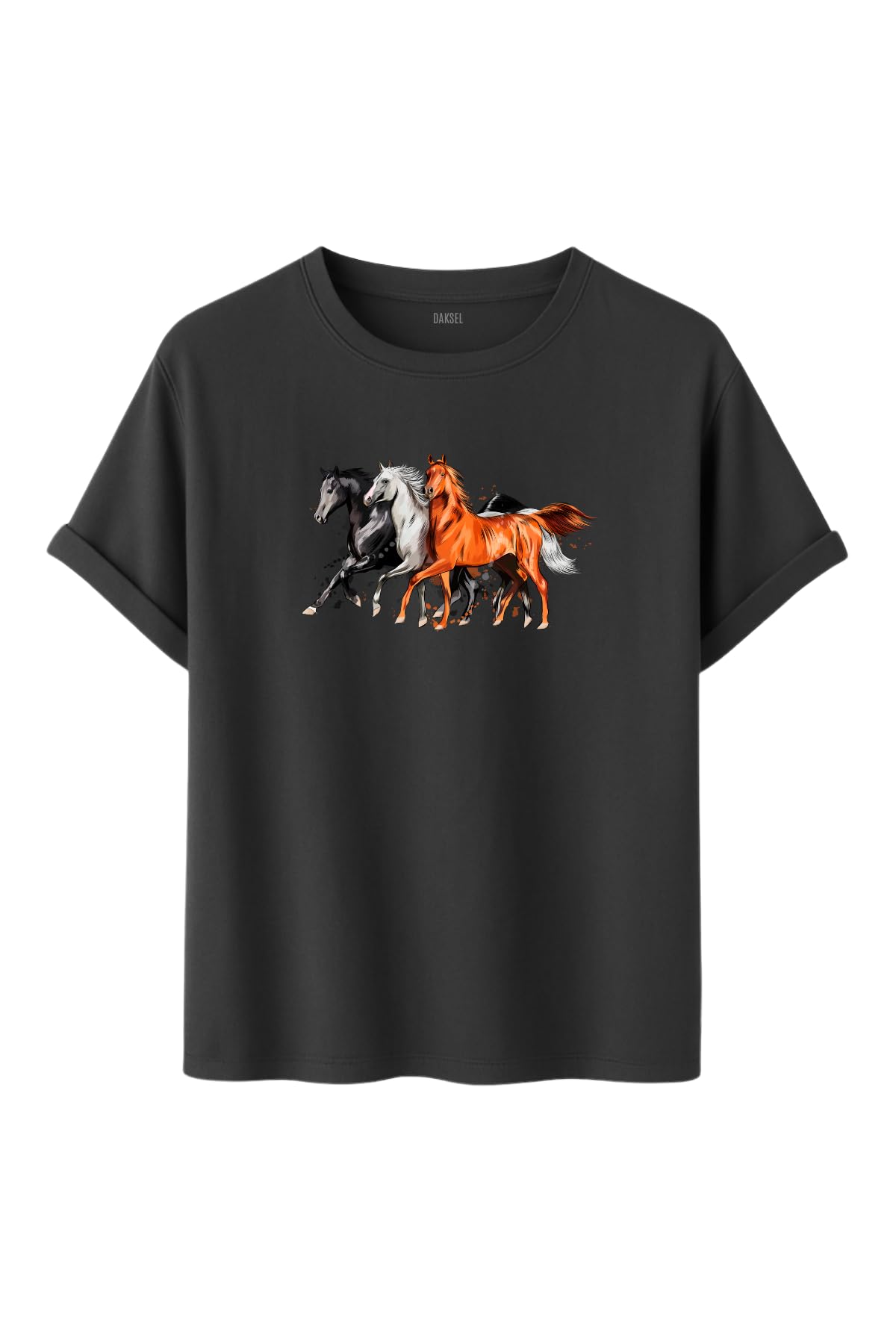 DK DAKSEL Unisex At Baskılı T-Shirt,%100 Pamuk, Rahat Kesim, Kısa Kollu, Yuvarlak Yaka, Günlük Kullanım (Füme, 2XL)