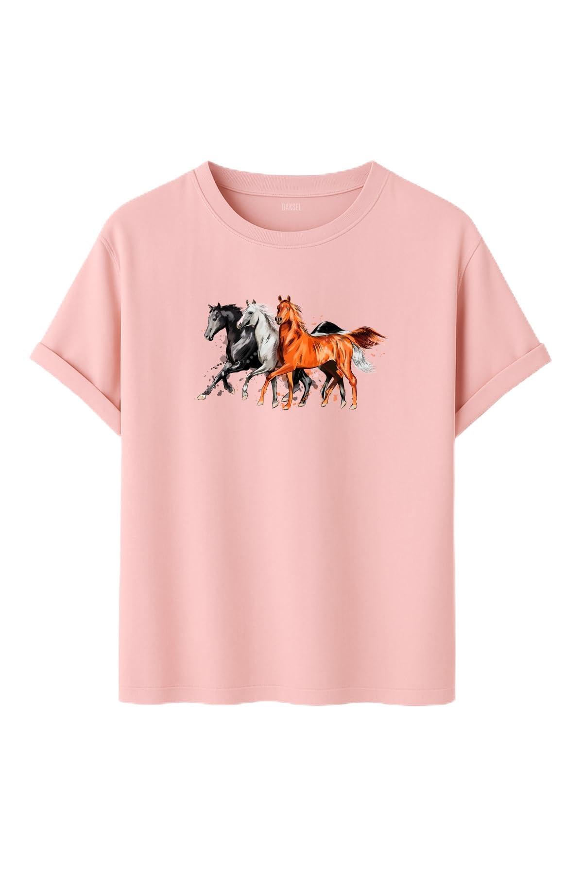 DK DAKSEL Unisex At Baskılı T-Shirt,%100 Pamuk, Rahat Kesim, Kısa Kollu, Yuvarlak Yaka, Günlük Kullanım (Pudra, S)