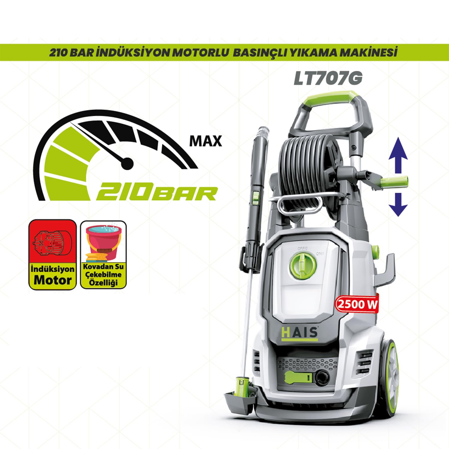 Elektrikli Basınçlı Yıkama Makinesi 8.5 L/Dk 210 Bar Basınç 2500 Watt 8 Metre Makaralı Hortum