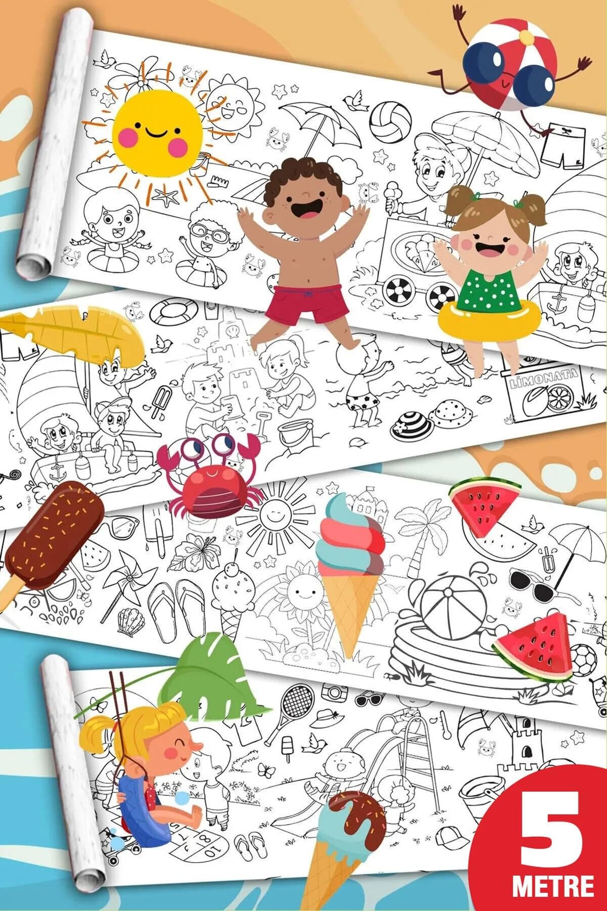 SinaTicaret Yaz Aktiviteleri Dev Boyama Kağıdı Rulosu, 5 Metre x 45 cm, Çocuklar İçin Eğitici ve Eğlenceli Yaz Temalı Boyama Seti